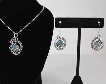 SOLD OUT Teal Apatite Sterling And Fine Silver Wire Wrapped Earring And Pendant Gift Set