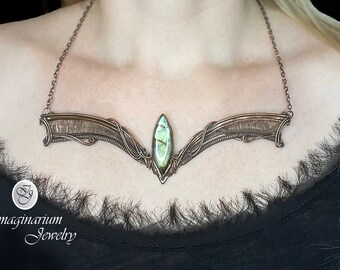Falcore, The Neverending Story Necklace, Wire Wrapped and Woven Copper Green Blue Labradorite Adjustable Pendant