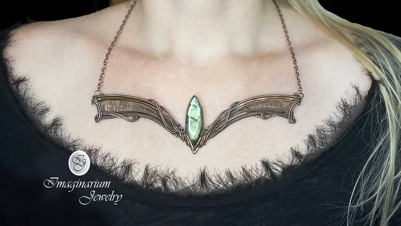Falcore, The Neverending Story Necklace, Wire Wrapped and Woven Copper Green Blue Labradorite Adjustable Pendant image 1