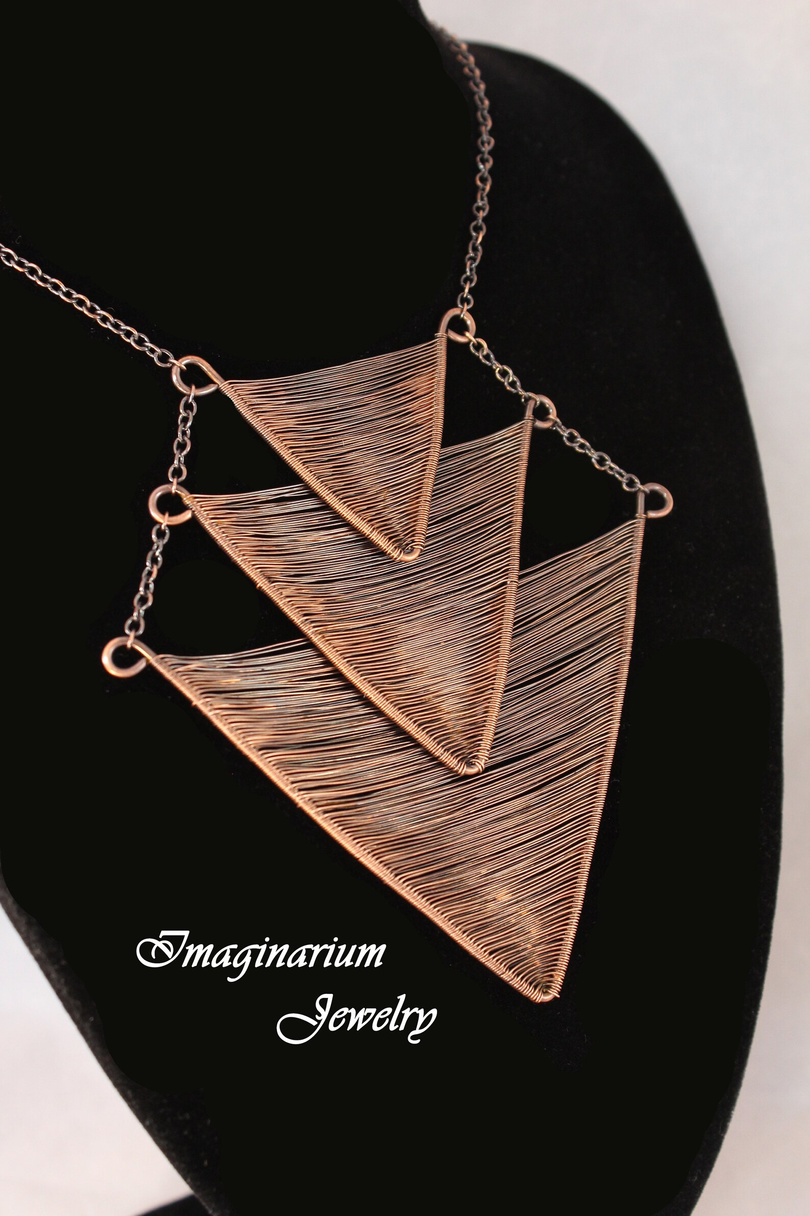 Descending Triple Triangle Woven Copper Wire Necklace, Geometric Wire
