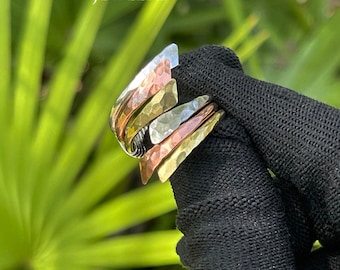 Hammered Angled Brass, Copper, and Sterling Silver Mixed Metal Adjustable Ring