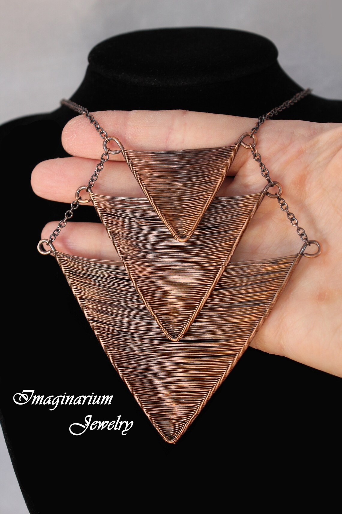 Descending Triple Triangle Woven Copper Wire Necklace, Geometric Wire