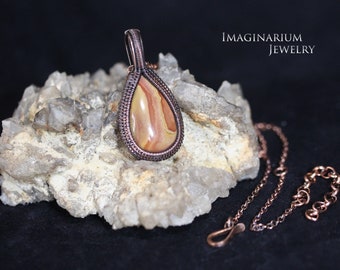 Orange Polychrome Jasper Dainty Wire Woven Copper Pendant