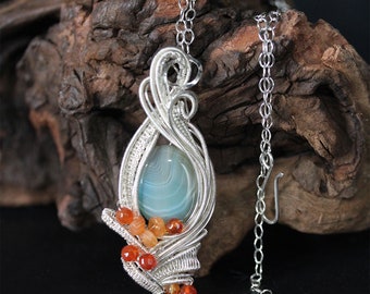 The Snow Princess, Sea Blue Green Striped Agate and Bright Orange Red Carnelian Wire Wrapped and Woven Pendant on Adjustable Chain