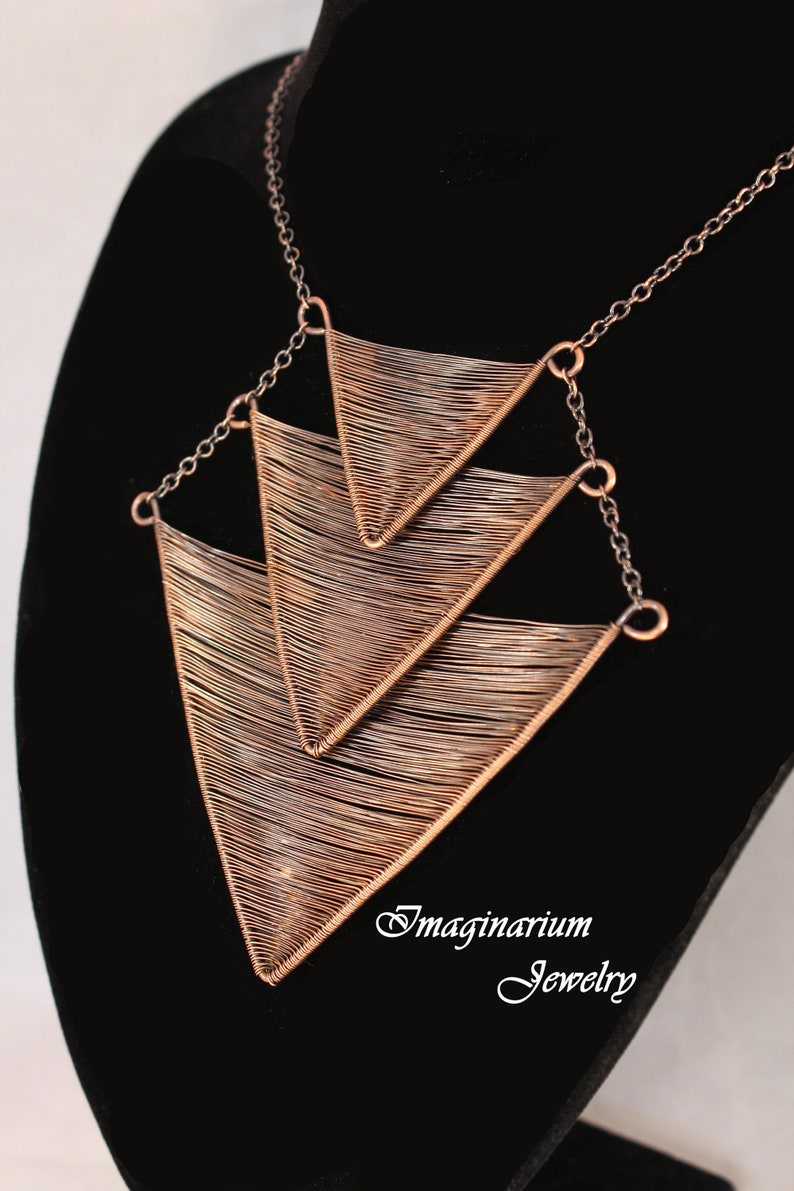 Descending Triple Triangle Woven Copper Wire Necklace, Geometric Wire Wrapped Necklace, Simple Pendant With Adjustable Solid Copper Chain image 2