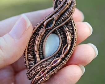 Stunning Shimmering White Moonstone, Blue Sapphire, And Pink Tourmaline Elaborate Oxidized Copper Wire Woven And Wrapped Pendant And Chain