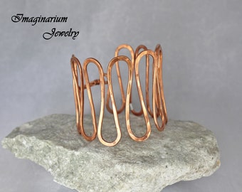 Raw Copper Hammered Adjustable Squiggle Cuff With Hook Closure