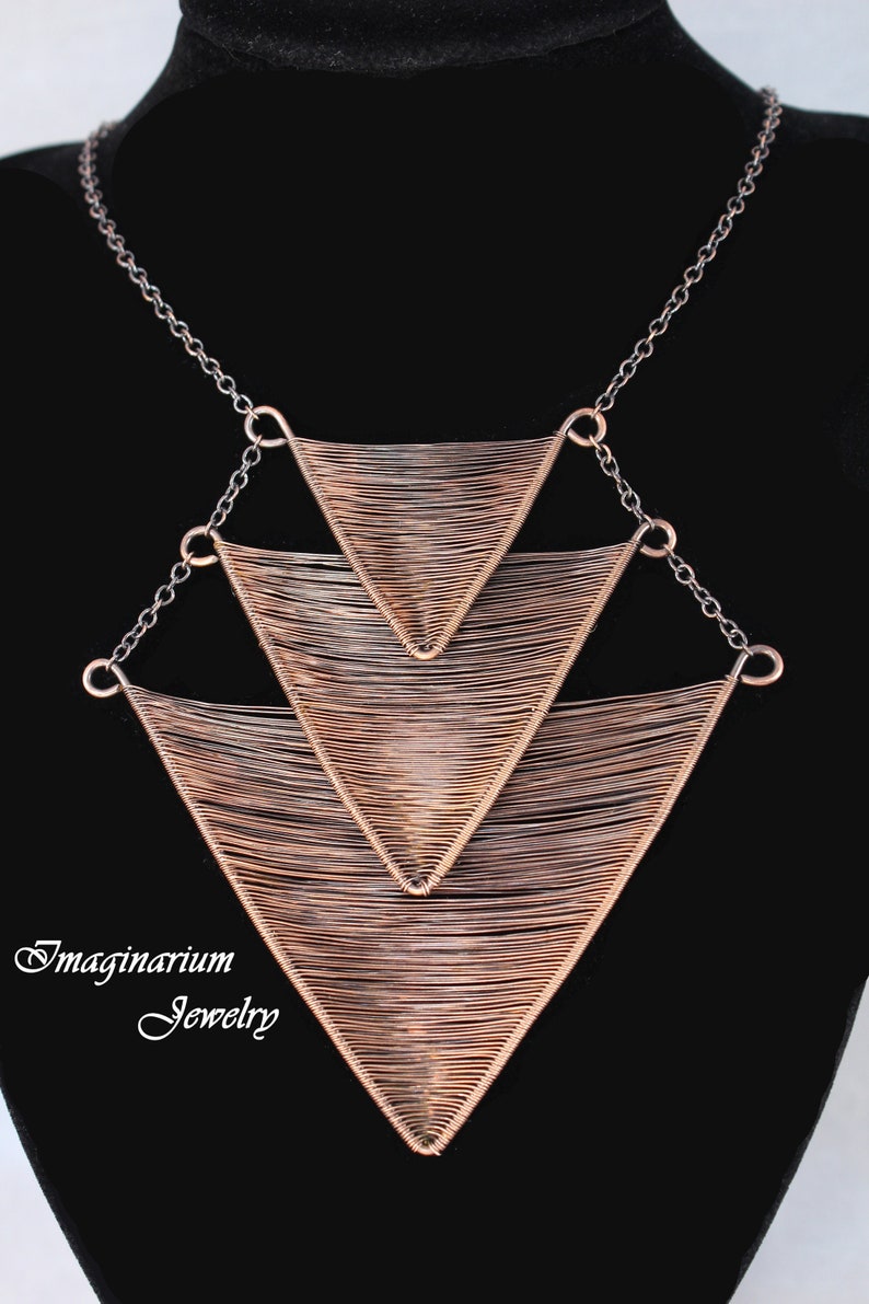 Descending Triple Triangle Woven Copper Wire Necklace, Geometric Wire Wrapped Necklace, Simple Pendant With Adjustable Solid Copper Chain image 1