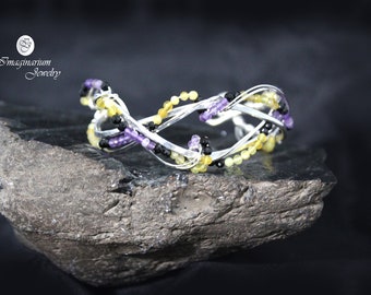 Butterfly Inspired Yellow Opal, Purple Amethyst, and Black Tourmaline Sterling Silver Forged Ethereal, Viney, Elvish, Adjustable Cuff