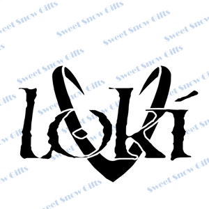 May include: Black and white graphic design of the word "Loki" with a heart shape around the "O".