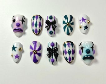 Hand painted Clown Couture Press On Nails: Purple, Blue Chrome, Reusable