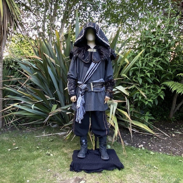 Dark Rogue LARP Outfit - 4 Pieces; Ornate Hood, Vambraces, Medieval Shirt, Sash