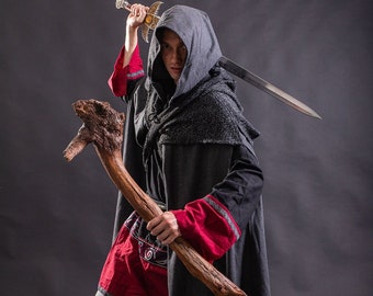 Medieval LARP Cloak with Hood, Renaissance Faire Cape, Grey Wool Cloak, LARP, Hooded Cape, Cosplay Wizard Robe, Fantasy Cloak, Viking, DnD