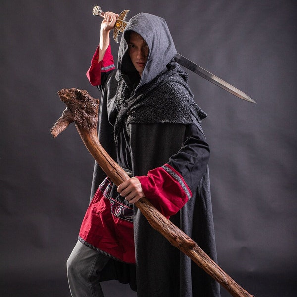 Mittelalterlicher LARP-Umhang mit Kapuze, Renaissance-Festumhang, grauer Wollumhang, LARP, Kapuzenumhang, Zaubererrobe für Cosplay, Fantasy-Umhang, Wikinger, DnD