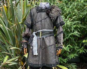 Medieval Viking Leather Armor, One size, Tunic / Jacket style in Black, fleece lined faux leather with studs for LARP, Ren Faire or Cosplay
