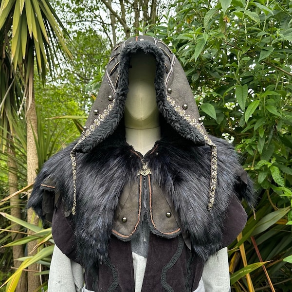 Ornate LARP Hood - Black Faux Leather and Black & Blue Faux Fur with Fleece Lining