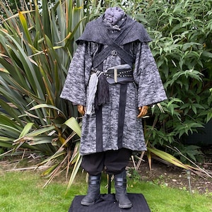 Dark Mage LARP Outfit - 4 Pieces; Mid-Length Robe, Scarf Hood, Pants and Sash, for Medieval Cosplay, Fantasy Costumes & Renaissance Faire