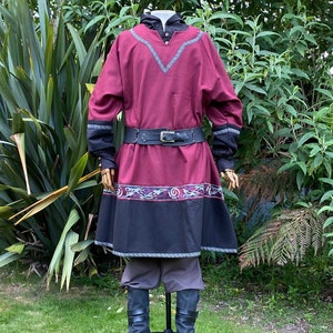 LARP Viking Tunic - Two Tone Red & Black - Linen Cotton Mix with embroidery