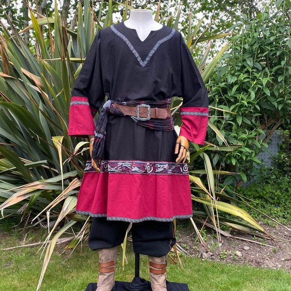 LARP Viking Tunic - Two Tone Black & Red - Linen Cotton Mix with embroidery
