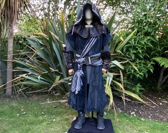 Mountain Alchemist LARP Outfit, 5 Pieces, Black, includes Suede Effect Waistcoat, Leather Hood & Vambraces, Viking Shirt and Trousers