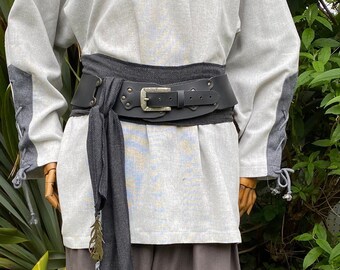 LARP Belt and Sash Set with Accessories, Black & Grey Herringbone, Buffalo Leather, Wool, Druid, Cosplay, Ranger, Wizard, Dwarf, Warrior