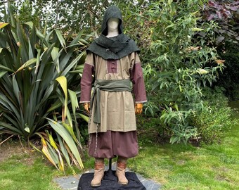 LARP Basic Outfit - 4 pieces, Tunic, Pants, Hood & Sash Green and Brown for Cosplay, Renaissance Faire, Vikings, Medieval History Costumes
