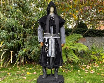 Dark King LARP Outfit - 6 Pieces; Black Panel Waistcoat, Coat, Hood, Shirt, Pants, Sash