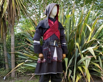 Blood Hunter LARP Outfit - 3 Pieces; Black & Red with Suede Effect Hood, Gambeson and Tunic