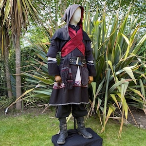 Blood Hunter LARP Outfit - 3 Pieces; Black & Red with Suede Effect Hood, Gambeson and Tunic