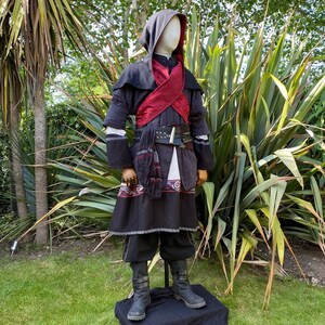 Blood Hunter LARP Outfit - 3 Pieces; Black & Red with Suede Effect Hood, Gambeson and Tunic