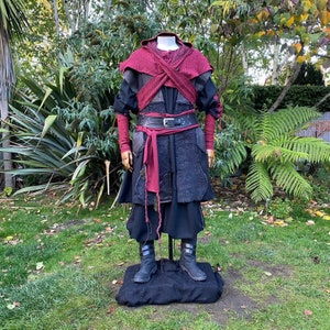 Demon Hunter LARP Outfit - 3 Pieces; Black & Red Waistcoat, Hood, Sash