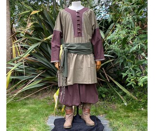 LARP Basic Outfit, 3 Pieces, Two Tone Tunic, Pants and Sash in Green & Brown for Cosplay, Renaissance Faire, Vikings, Medieval Costumes