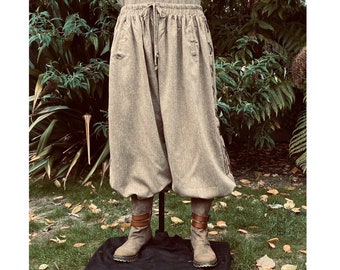 LARP Hero Pants, Loose Brown Wool Medieval Laced Trousers, Designed for LARP, Renaissance Faire, Vikings Cosplay, or Historical Events