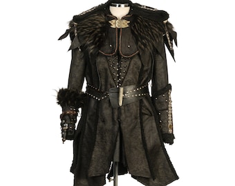 Dark Warrior LARP Outfit - 3 Pieces; Jacket, Ornate Hood, Vambraces - Black Faux Leather Fleece Lined