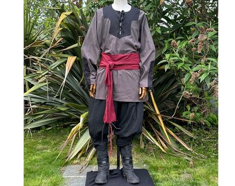 LARP Basic Outfit, 3 Pieces, Shirt, Pants and Sash in Grey, Black & Red for Cosplay, Renaissance Faire, Vikings, Medieval Costumes, History