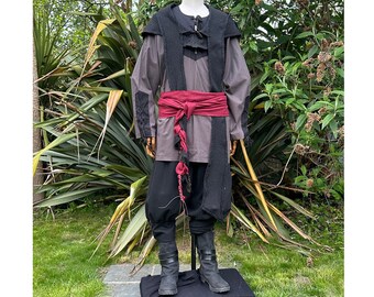 LARP Basic Outfit, 4 Pieces, Shirt, Pants, Hood and Sash in Grey & Red for Cosplay, Renaissance Faire, Vikings, Medieval Costumes, History