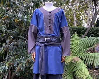 LARP Viking Tunic with Buttons - Two Tone Blue & Grey - Linen Cotton Mixture