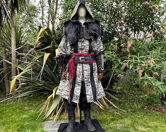 Battle Mage LARP Outfit, 7 Pieces, Robe, Hood, Tunic, Pants, Sash, Belt, Vambraces, Grey & Black, for Ren Faire, Viking Cosplay, History