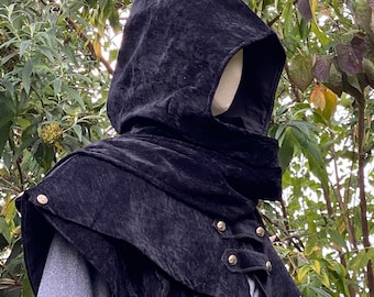 LARP Scarf Hood - Black Wrap Around Faux Suede