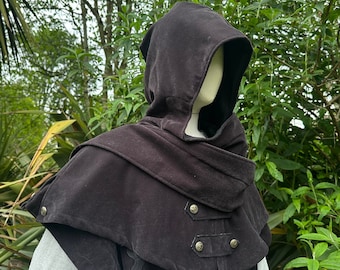 LARP Medieval Hood, Wrap around style in Grey Faux Suede, suitable for Renaissance Faire, Cosplay Costumes and Historical Characters