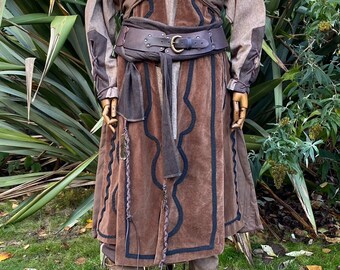 LARP Belt and Sash Set with Accessories, Brown, Buffalo Leather, Wool, for Cosplay, Renaissance Faire, Vikings, Medieval or History Costumes