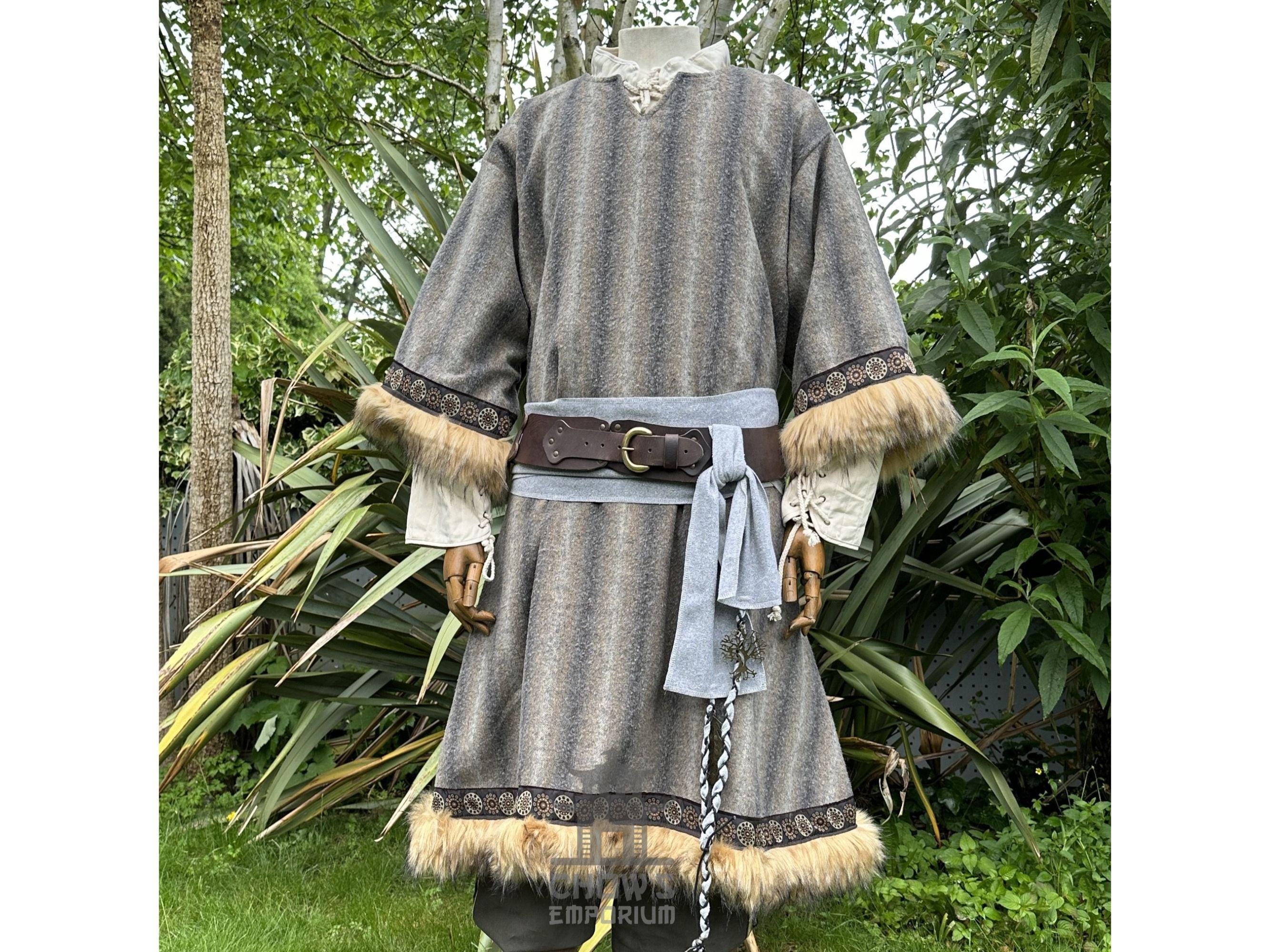 Medieval LARP Fur Trim Tunic, Brown & Grey, Viking, Festival