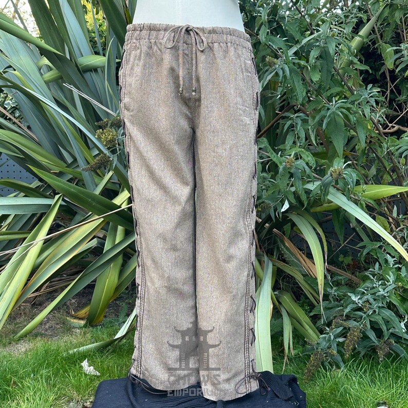 Medieval Straight Leg LARP Pants with Side Lace & Braiding, Brown Wool, Slim Cut, Viking, Pirate,Knight, Fantasy, Cosplay, Renaissance Faire image 9