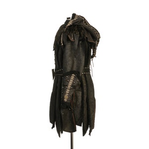 Dark Warrior 3-Piece Set – Perfect for Fighter, Warlock, and Assassin characters in LARP, Cosplay, and Ren Faire. Includes Faux Fur lined Studded faux leather Coat, Hood, and Vambraces.