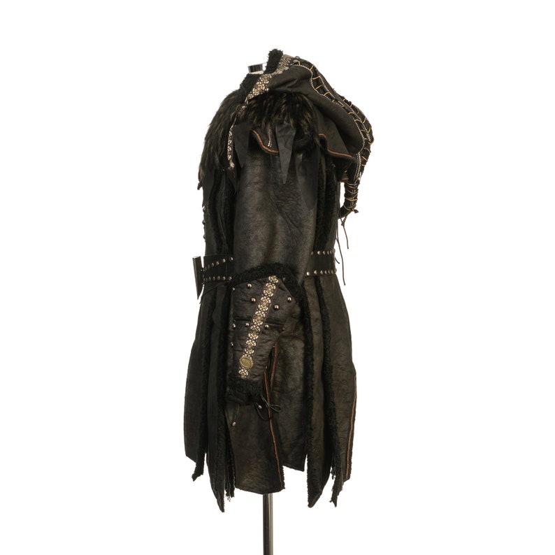 Dark Warrior 3-Piece Set – Perfect for Fighter, Warlock, and Assassin characters in LARP, Cosplay, and Ren Faire. Includes Faux Fur lined Studded faux leather Coat, Hood, and Vambraces.