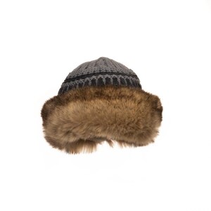 LARP Hat in Grey Knitted Wool with Faux Fur Trim and Fleece Lining