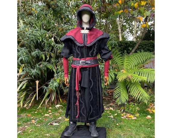 Medieval Red King LARP Outfit, 6 Pcs, Waistcoat, Hood, Shirt, Pants, Belt, Sash, Renaissance Faire, Necromancer, Warlock, Sorcerer, Assassin