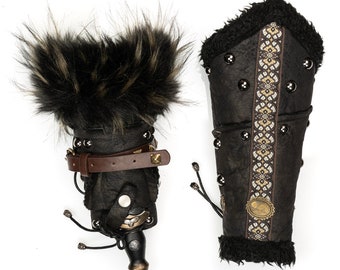 LARP Vambraces - Black Faux Leather & Faux Brown Fur - Matching Hood Available