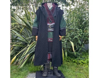 LARP Robe with Hood, Sleeveless Black Cotton Robe, Renaissance Faire Hooded Waistcoat, Wizard Robe, Ranger Cosplay, Medieval Fantasy Costume