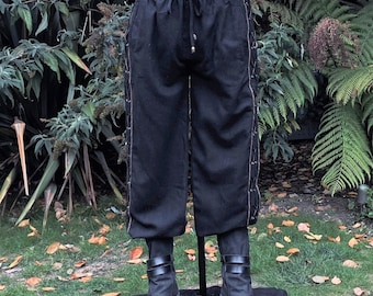 Medieval Straight Leg Pants - Black Wool Mix Trousers with Side Lace and Braiding